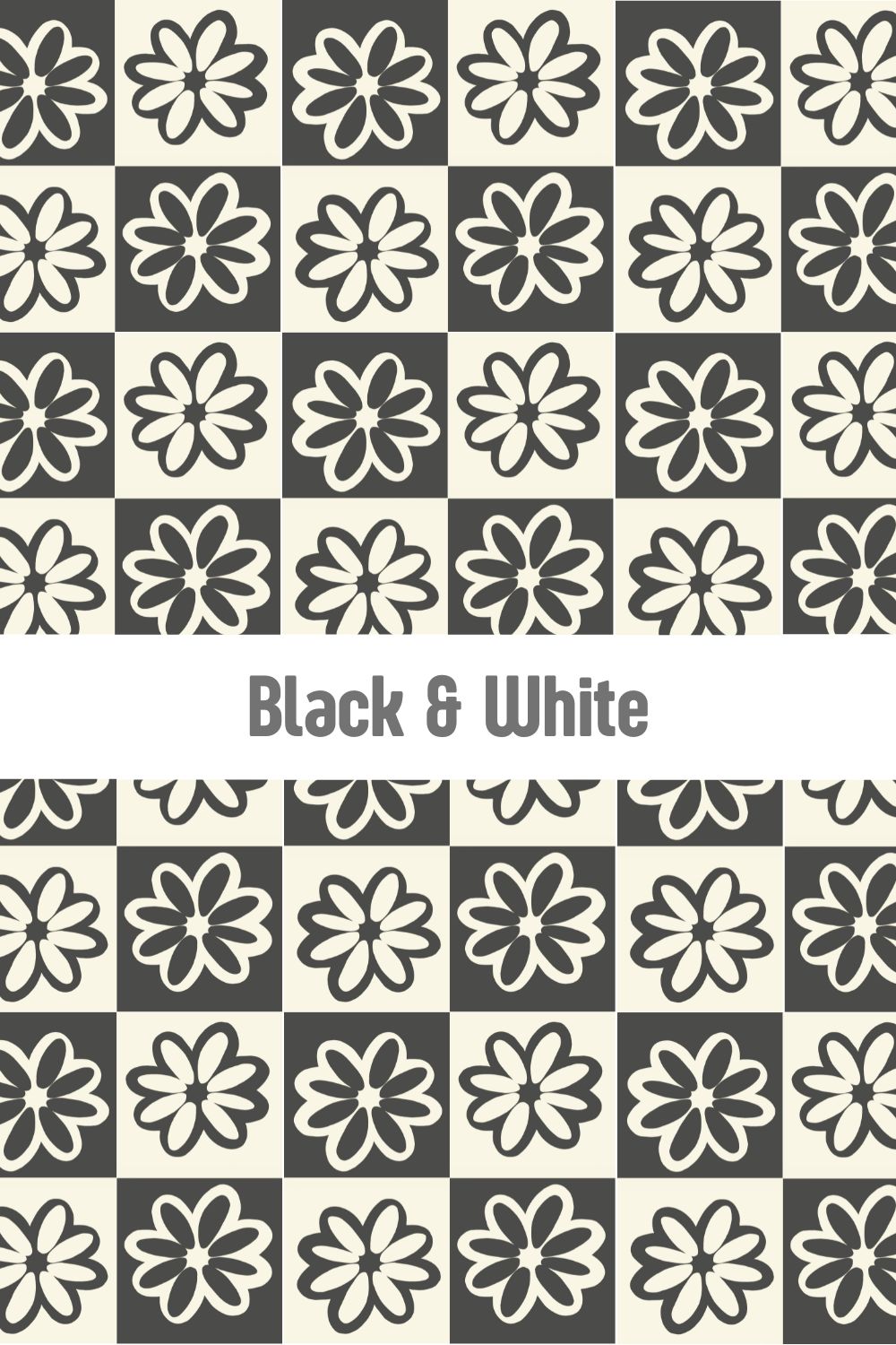 Elegant black and white checkerboard pattern with floral daisy icons, sophisticated monochrome surface design for high-end home decor and fashion at Redbubble, Spoonflower, and Shutterstock by Mirador Art Studio.
