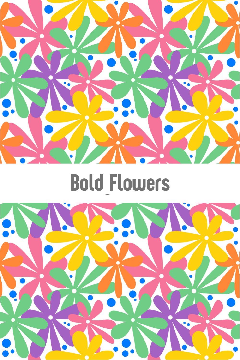 Vibrant oversized flower pattern with yellow, pink, and purple daisies, cheerful floral surface design for summer products on Redbubble, Spoonflower, and Shutterstock by Mirador Art Studio.