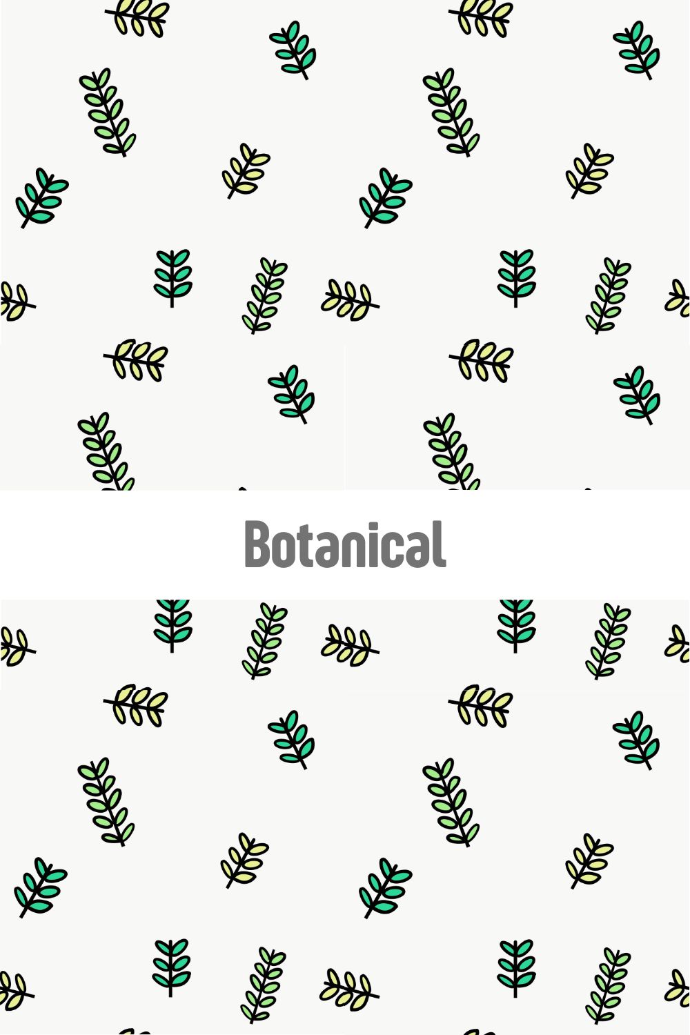 Minimalist botanical pattern with small green leaves and branches on a white background, clean organic surface design available at Redbubble, Spoonflower, and Shutterstock by Mirador Art Studio.