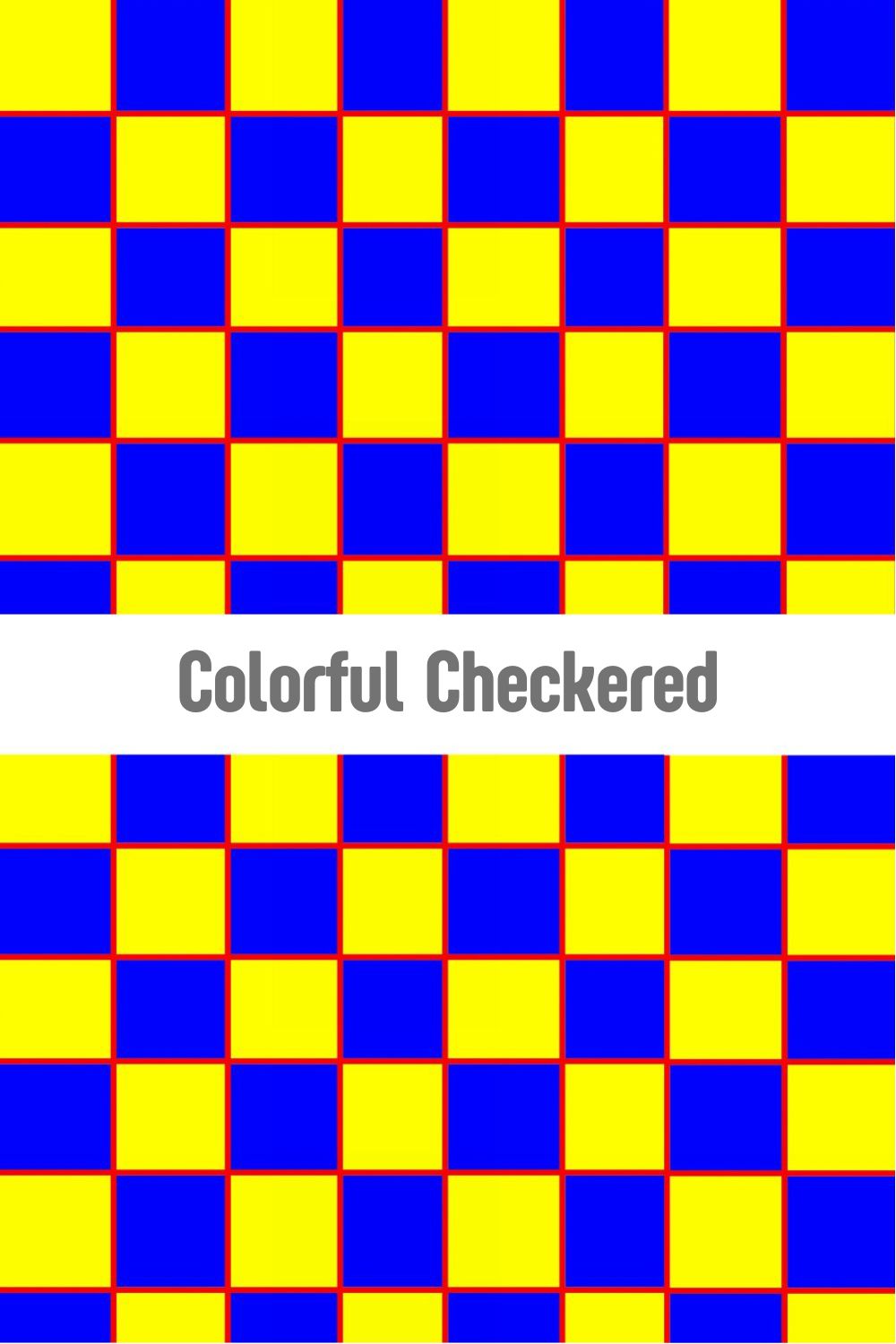 High-contrast blue and yellow checkered pattern with red accents, bold geometric surface design for urban apparel and modern home decor on Redbubble, Spoonflower, and Shutterstock by Mirador Art Studio.