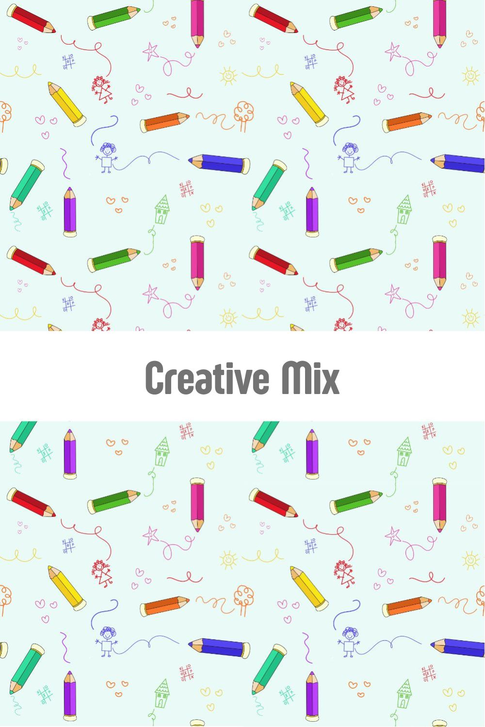 Playful school-themed pattern with colorful pencils, hand-drawn doodles, and stick figure drawings, creative surface design for back-to-school and kids' products at Redbubble, Spoonflower, and Shutterstock by Mirador Art Studio.