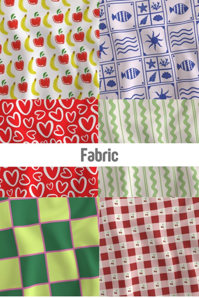Close-up of various printed fabric swatches with banana, nautical, heart, and gingham patterns, high-quality textile design available by the yard on Spoonflower by Mirador Art Studio.