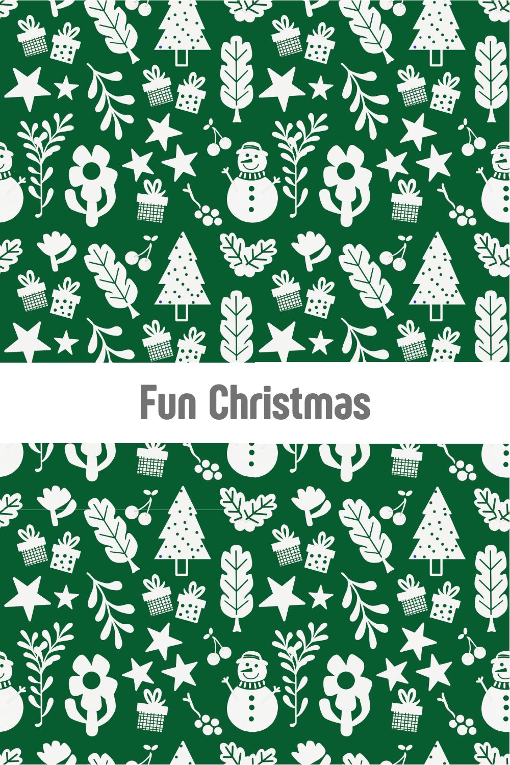 Modern Christmas pattern with white silhouettes of snowmen, pine trees, and stars on a dark green background, minimalist holiday surface design for wrapping paper and decor by Mirador Art Studio.