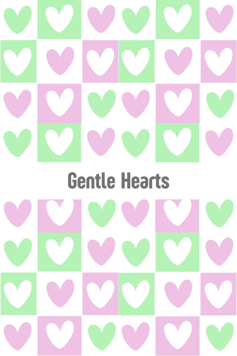 Soft pastel mint and lilac heart pattern in a grid, gentle and soothing romantic surface design for nursery decor and stationery on Redbubble, Spoonflower, and Shutterstock by Mirador Art Studio.
