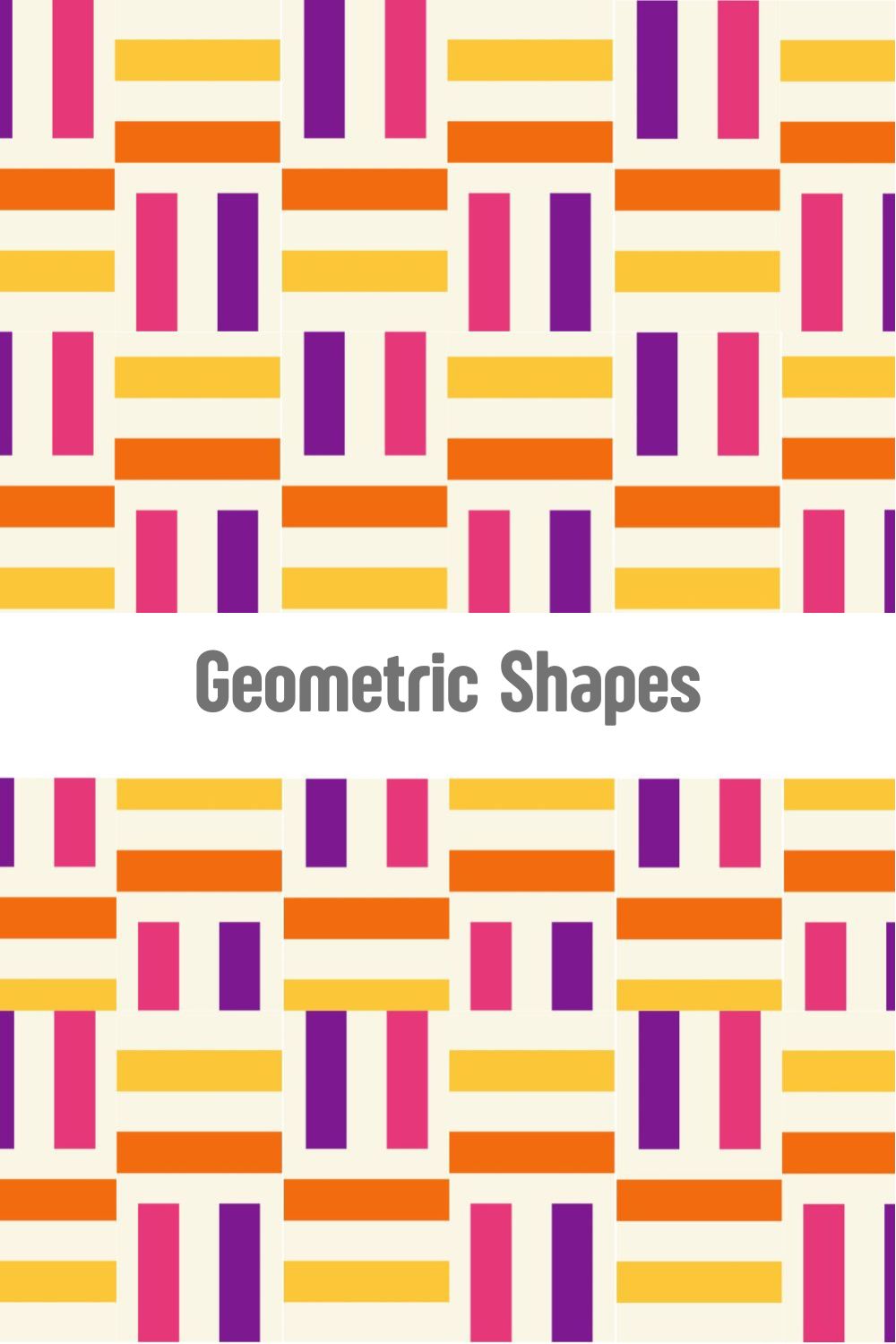 Modern geometric basketweave pattern with vibrant orange, purple, and pink blocks, bold mid-century inspired surface design available at Redbubble, Spoonflower, and Shutterstock by Mirador Art Studio.