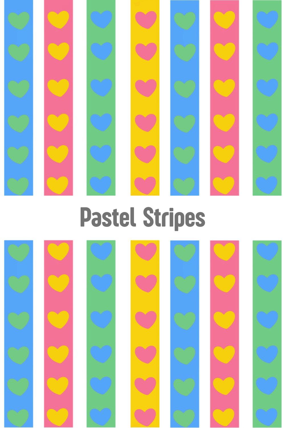 Pastel colored vertical stripes with heart icons, cute and soft rainbow aesthetic surface design for nursery and gifts on Redbubble, Spoonflower, and Shutterstock by Mirador Art Studio.