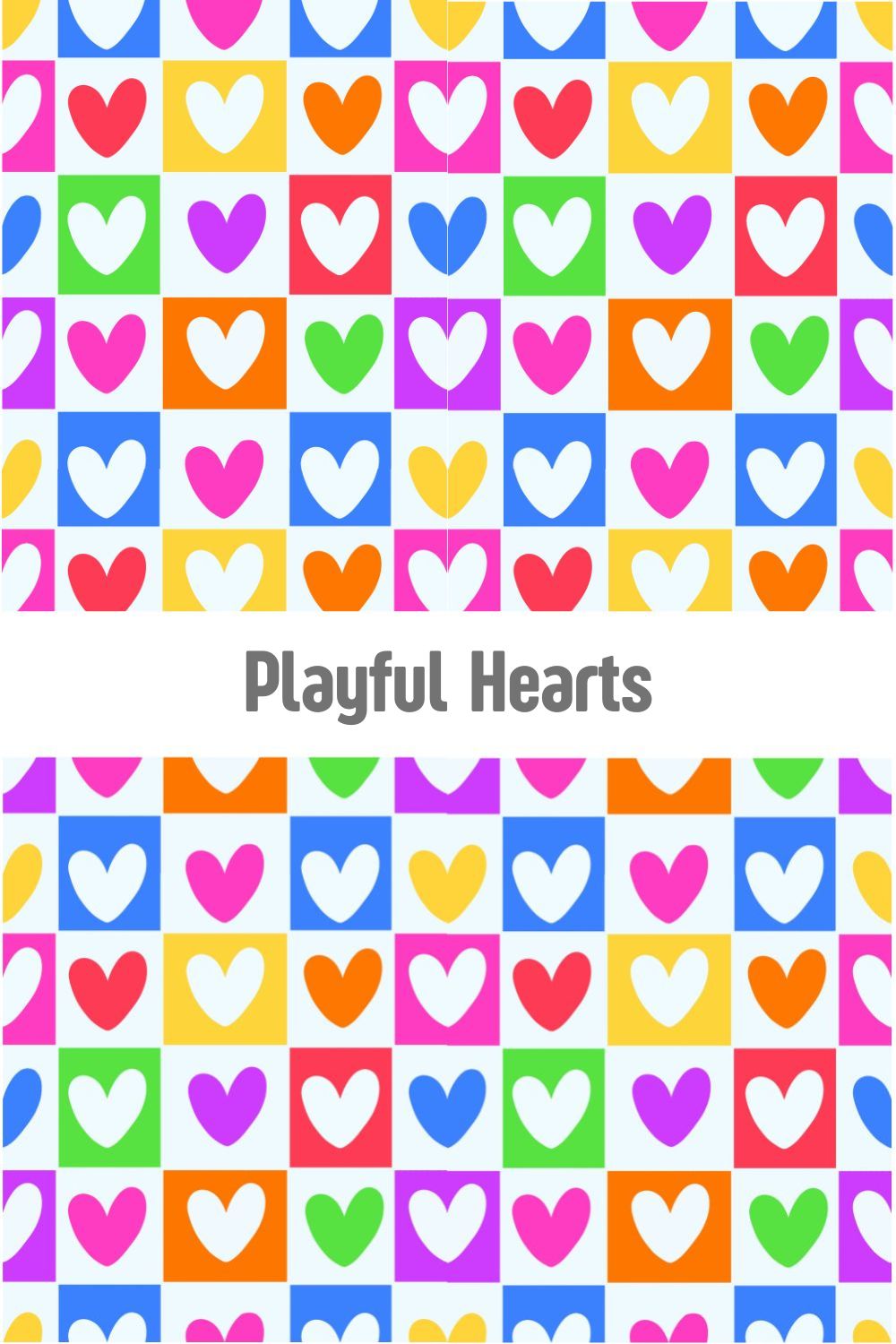 Colorful heart pattern in a vibrant grid layout, modern romantic surface design for stationery and gifts on Redbubble, Spoonflower, and Shutterstock by Mirador Art Studio.