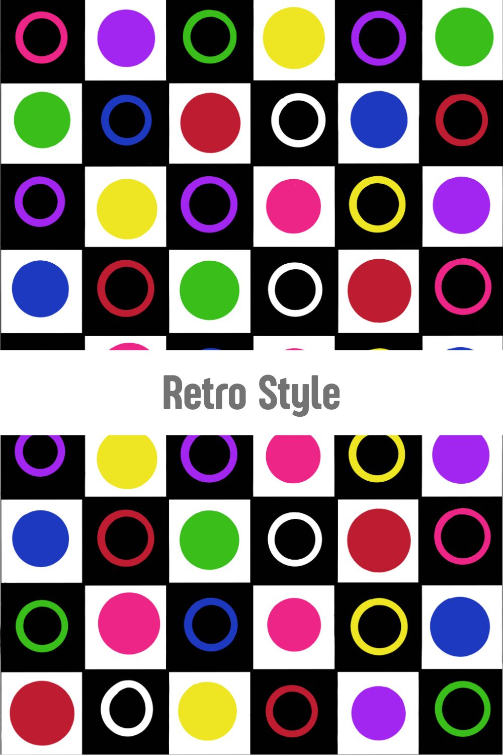 Colorful geometric circle pattern on a black and white checkerboard background, bold retro pop art surface design available at Redbubble, Spoonflower, and Shutterstock by Mirador Art Studio.