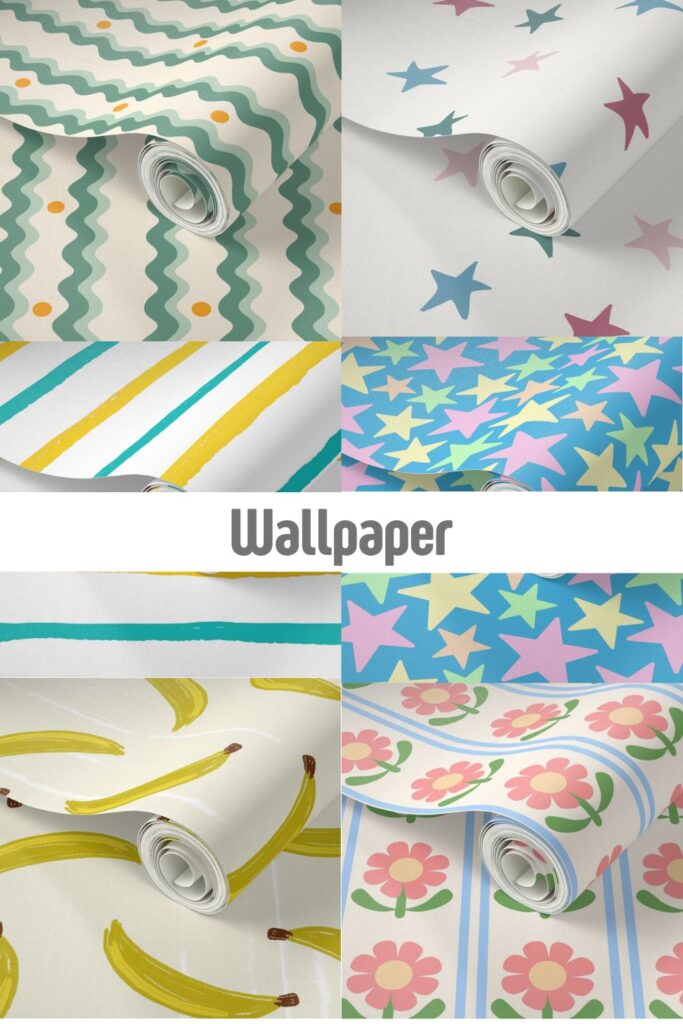Various removable wallpaper rolls with banana, floral, star, and wavy patterns, modern nursery and home interior wall decor on Spoonflower by Mirador Art Studio.