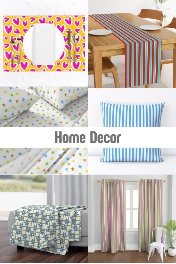 Assorted home textile mockups including starry bedsheets, striped curtains, and heart pattern placemats, custom fabric designs available on Spoonflower by Mirador Art Studio.