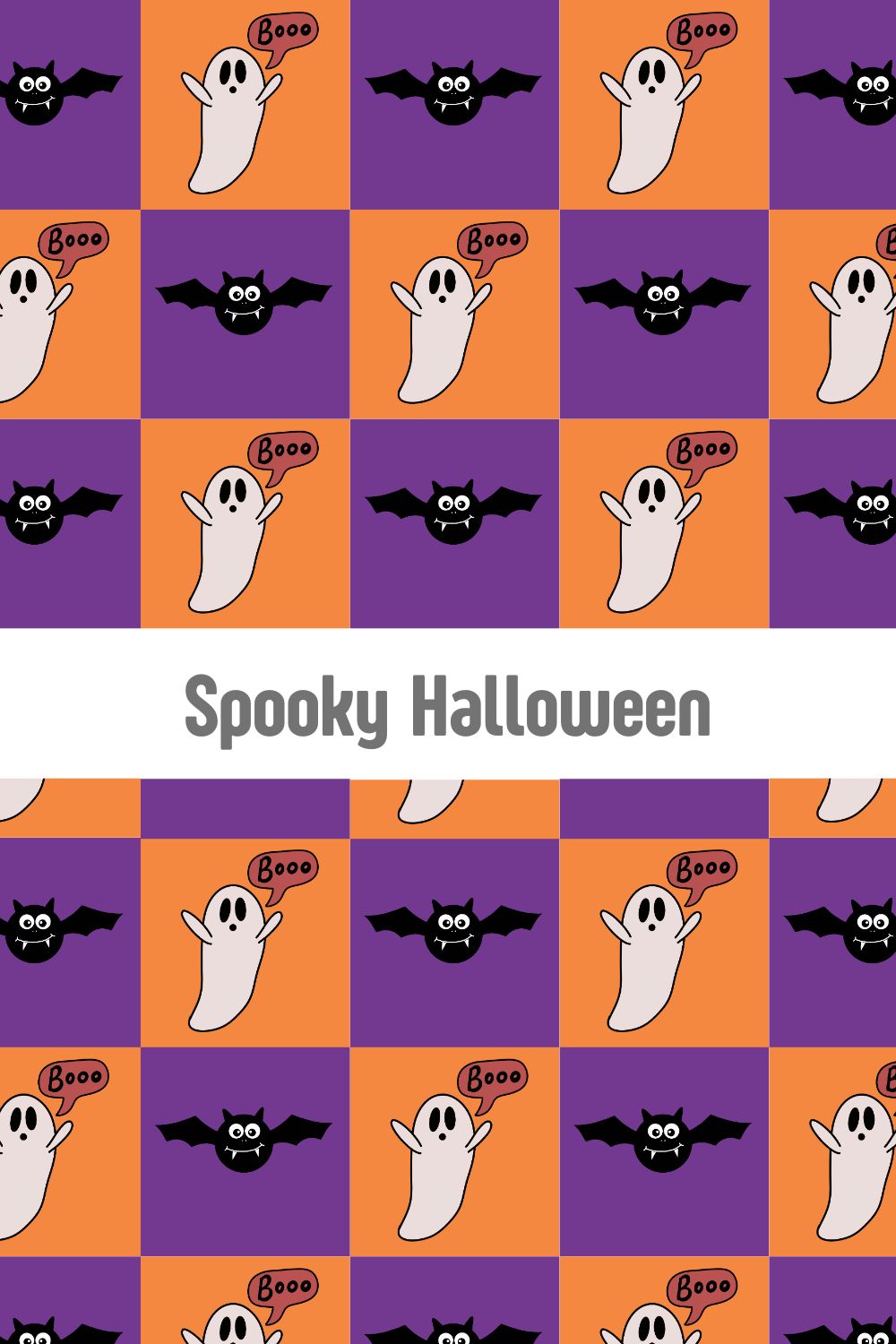 Cute Halloween pattern with ghosts and bats on an orange and purple checkerboard background, playful spooky surface design for seasonal decor and fabrics at Redbubble, Spoonflower, and Shutterstock by Mirador Art Studio.