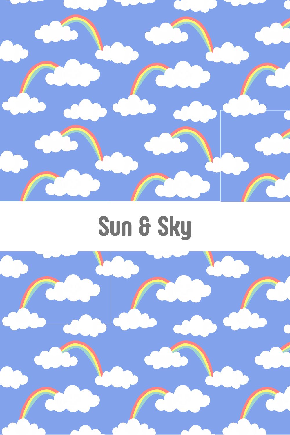 Whimsical sun and sky pattern with clouds and rainbows on a blue background, cheerful surface design available at Redbubble, Spoonflower, and Shutterstock by Mirador Art Studio.