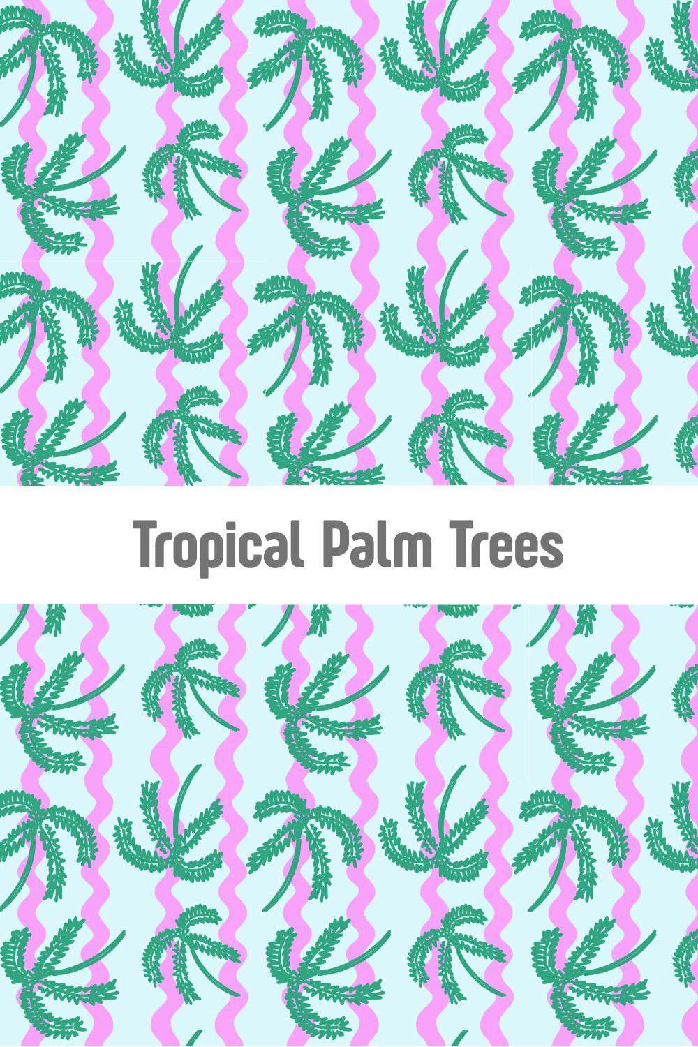 Tropical palm tree pattern with pink wavy lines on a light blue background, retro summer surface design available at Redbubble, Spoonflower, and Shutterstock by Mirador Art Studio.