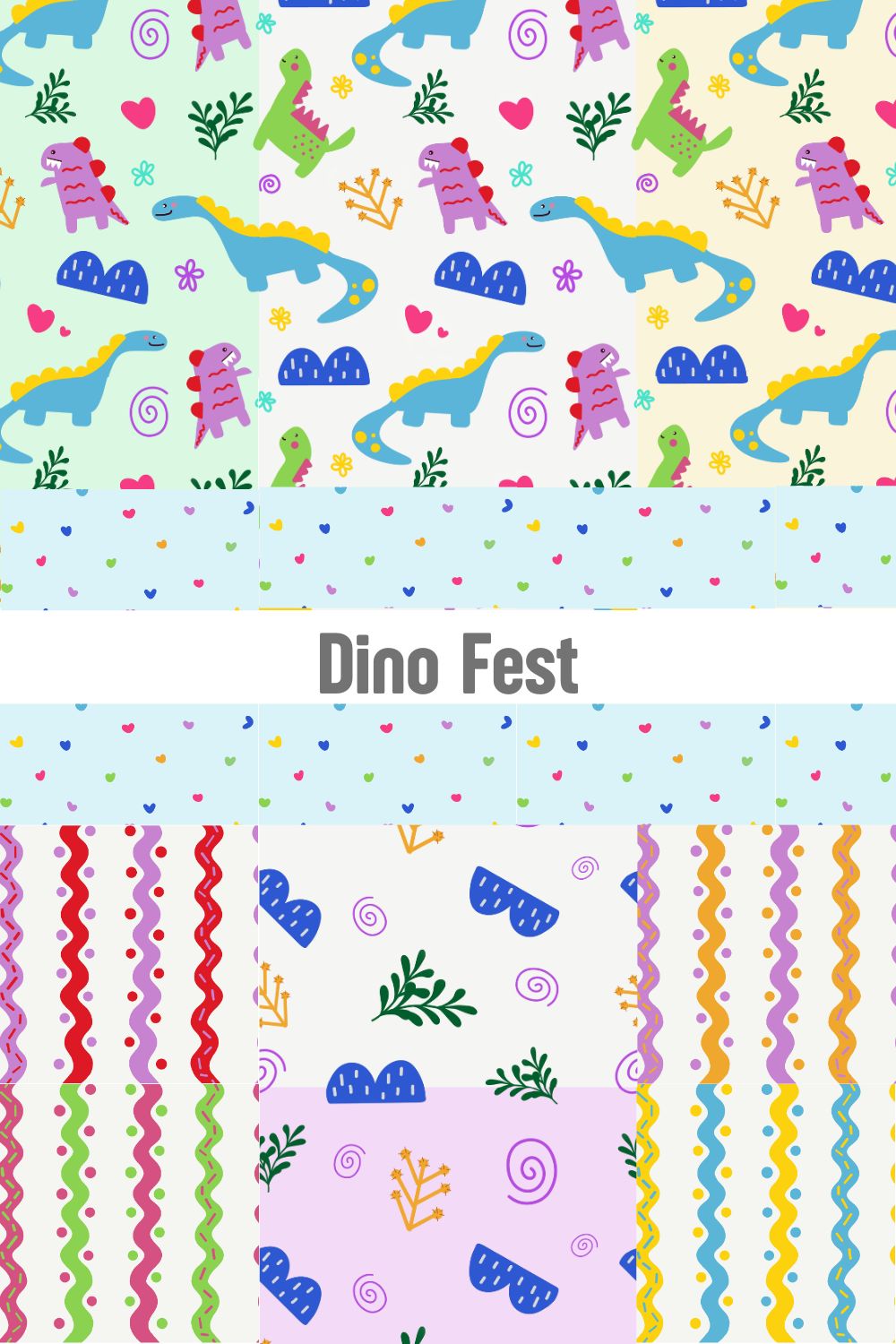 Dino Fest surface pattern design collection by Mirador Art Studio featuring cute colorful dinosaurs, hearts, wavy stripes, and nature elements in pastel colors.