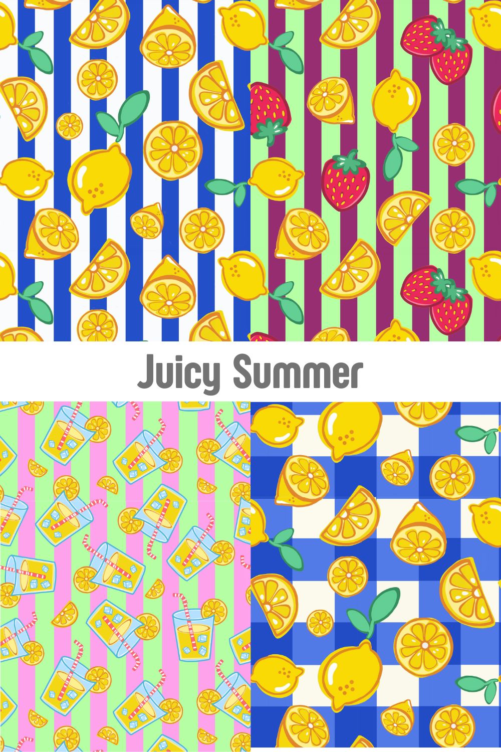 Juicy Summer pattern collection by Mirador Art Studio featuring citrus lemons, strawberries, and lemonade glasses on blue stripes and gingham backgrounds.
