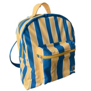 Mochila de diseño Circo marca Mirador Art Studio en tela impermeable con diseño de rayas azules y amarillas - Vista lateral