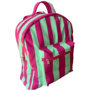 Mochila de diseño Circo marca Mirador Art Studio en tela impermeable con diseño de rayas rosadas y verde - Vista lateral