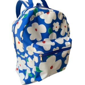 Mochila de diseño Circo marca Mirador Art Studio en tela impermeable con diseño de flores blancas con fondo azul - Vista lateral