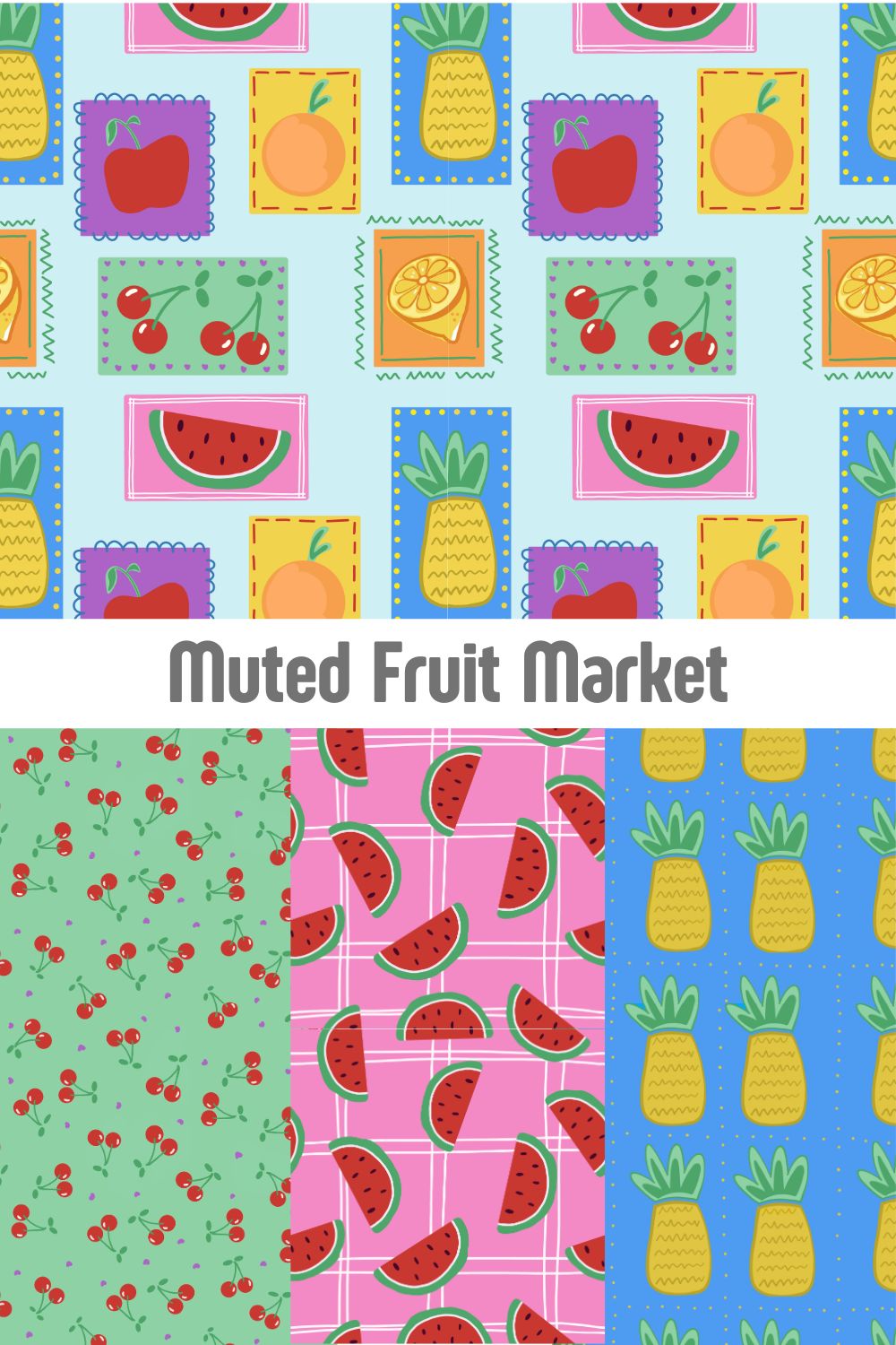 Muted Fruit Market surface design collection featuring pineapples, watermelons, and cherries patterns, available for print-on-demand at Spoonflower and Redbubble by Mirador Art Studio.