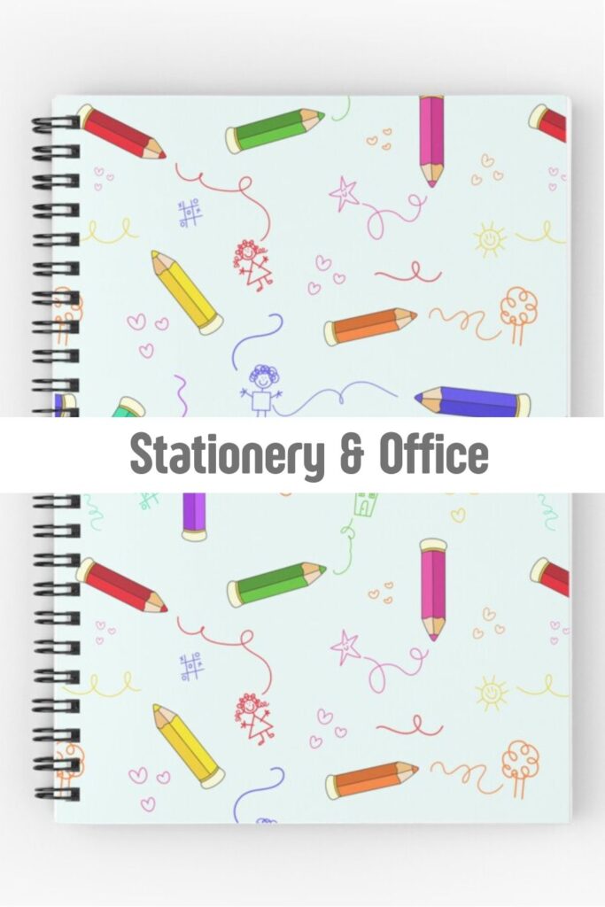 Spiral notebook with colorful pencils and doodle pattern, cute stationery and back to school gift ideas on Redbubble by Mirador Art Studio.