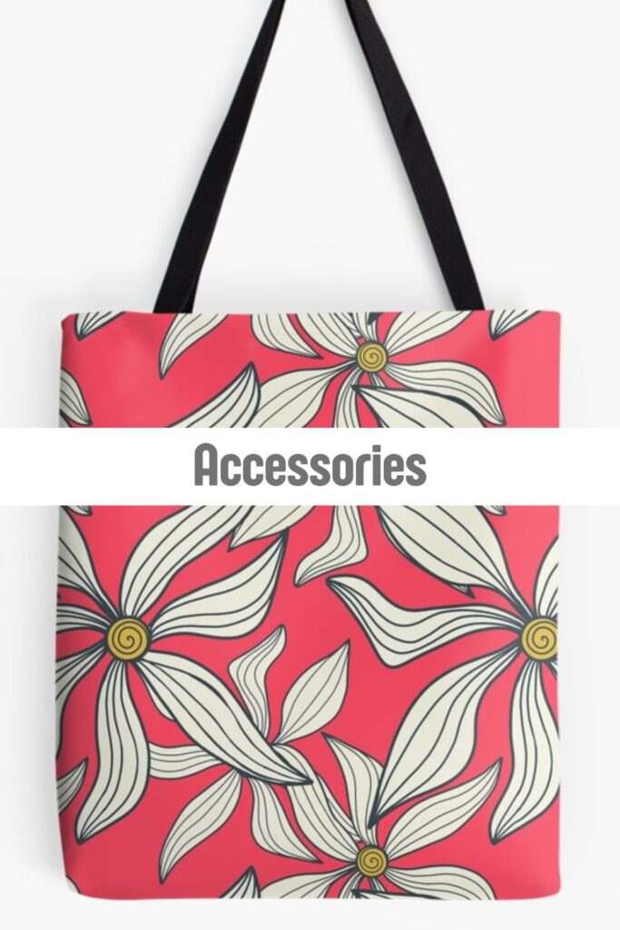 Red tote bag with large white floral pattern, custom printed accessories available on Redbubble by Mirador Art Studio.
