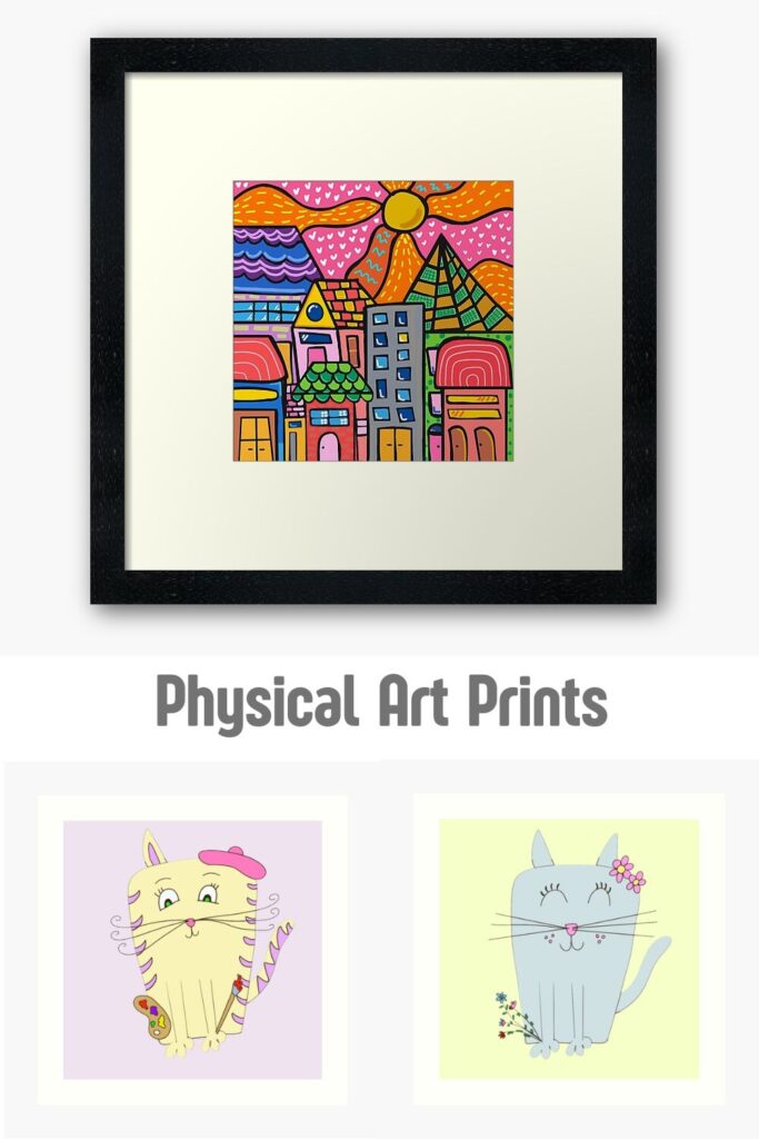 Framed colorful city art and cute cat illustrations, physical art prints collection by Mirador Art Studio.
