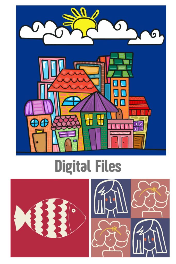 Colorful digital art city with cute fish and character illustrations, downloadable digital files for print by Mirador Art Studio.