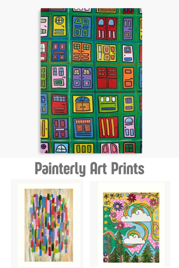 Colorful painterly art collection with abstract textures and door patterns, vibrant wall art prints by Mirador Art Studio.