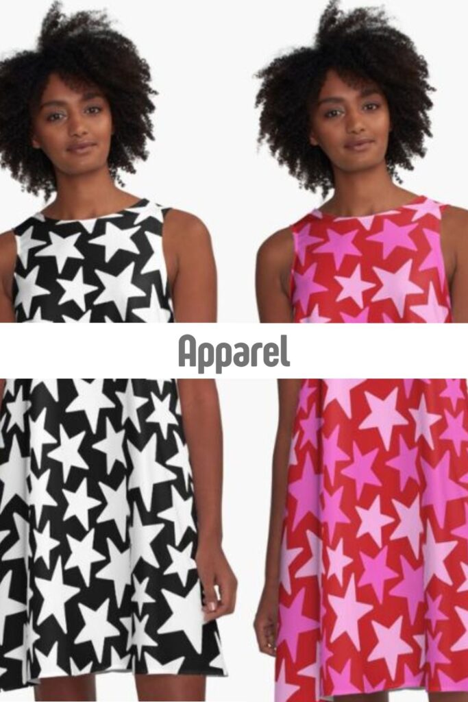 Women wearing sleeveless dresses with bold star patterns in black, white, and pink, stylish surface design for apparel on Redbubble by Mirador Art Studio.