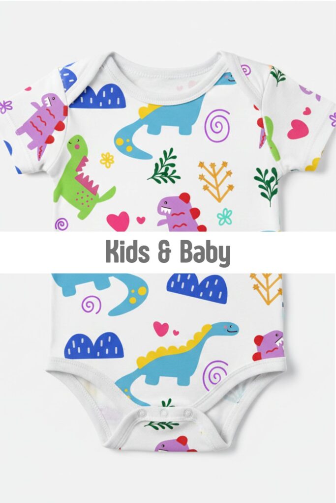 Baby onesie with colorful dinosaur and heart pattern, cute kids apparel and nursery design available on Redbubble by Mirador Art Studio.