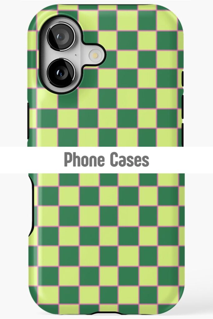 Green checkerboard pattern phone case, trendy tech accessories and custom mobile covers on Redbubble by Mirador Art Studio.