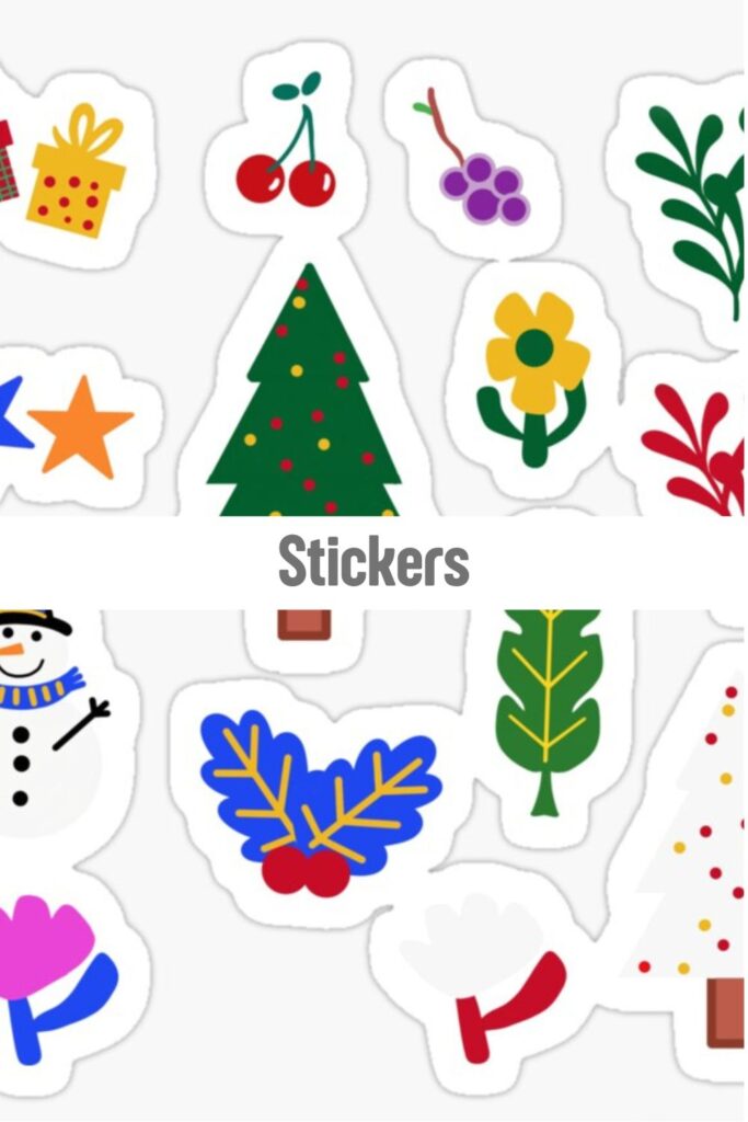 Assorted colorful die-cut stickers with floral, fruit, and holiday patterns, whimsical stationery and laptop decals on Redbubble by Mirador Art Studio.