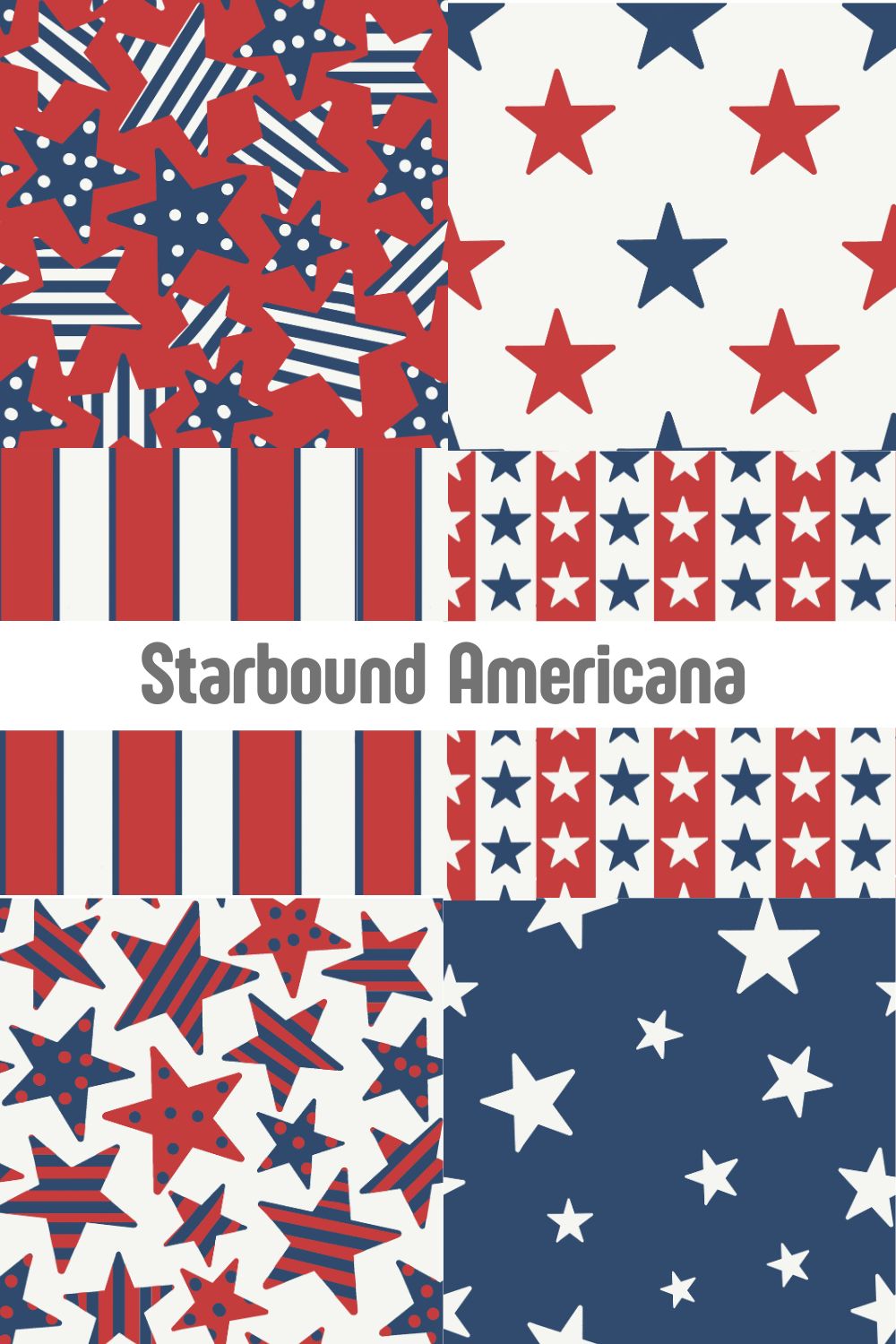 Starbound Americana pattern collection with red, white, and blue stars and stripes, patriotic surface design for fabric and products at Spoonflower and Redbubble by Mirador Art Studio.
