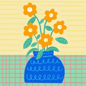 Lámina de florero tipo cartoon con cinco flores naranjas