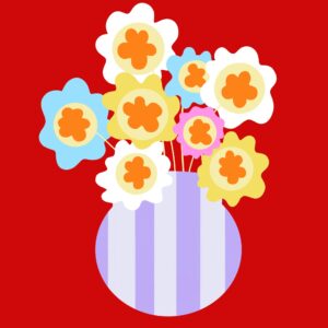 Lámina de florero con flores color pastel sobre fondo rojo