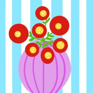 Lámina de florero tipo cartoon con flores rojas y fondo de rayas celestes y blancas