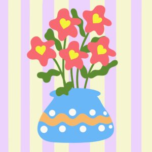 Lámina de florero tipo cartoon con cinco flores color rosa sobre fondo de rayas lila y amarillo pastel