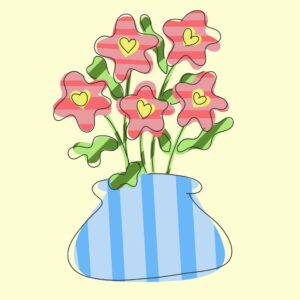 Lámina de florero tipo cartoon con cinco flores color rosa sobre fondo amarillo pastel