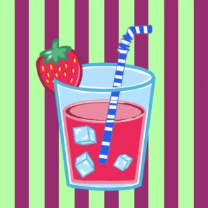 Lámina de vaso de jugo de frutilla sobre rayas color vino y verde lima