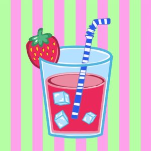 Lámina de vaso de jugo de frutilla sobre rayas rosas y verde lima