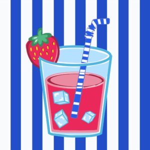 Lámina de vaso de jugo de frutilla sobre rayas azules y blancas