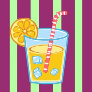 Lámina de vaso de limonada sobre rayas color vino y verde lima