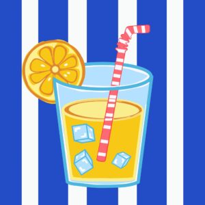 Lámina de vaso de limonada sobre rayas azules y blancas