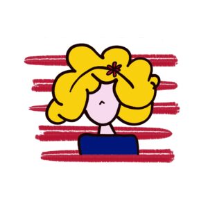 Dibujo a mano de retrato de mujer tipo cartoon de colores sobre rayas rojas