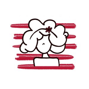 Dibujo a mano de retrato de mujer tipo cartoon blanco y negro sobre rayas rojas