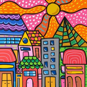 Lámina dibujada a mano de una ciudad con colores de atardecer