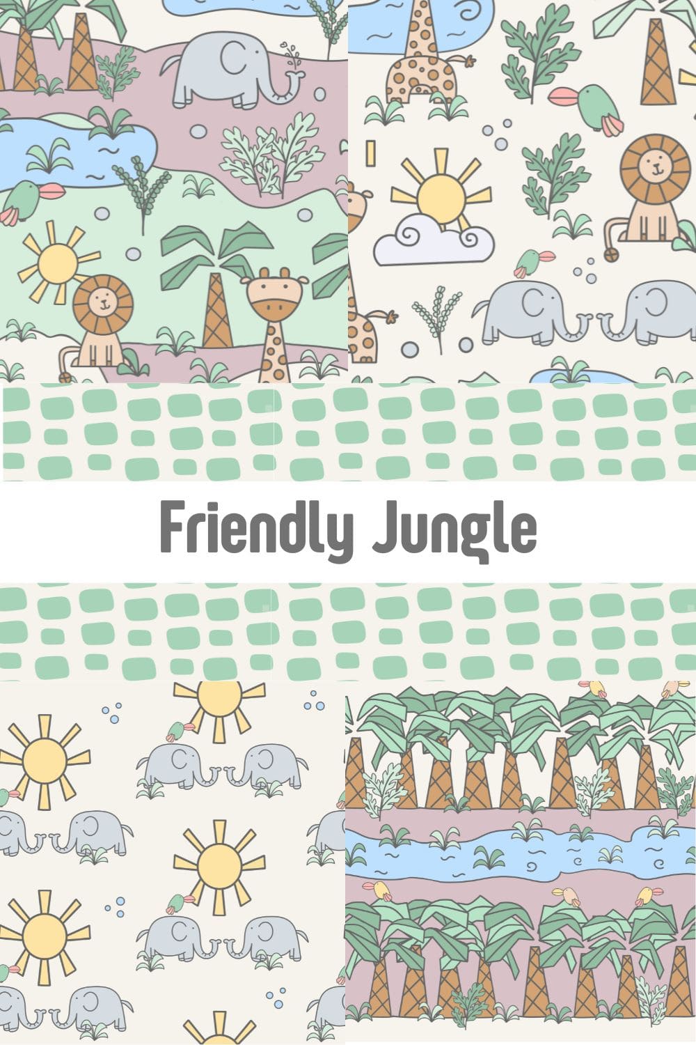 Cute Jungle Collection. Safari Prints. Lions, elephants, giraffe, birds, jungle, palm trees, sun. Mirador Art Studio